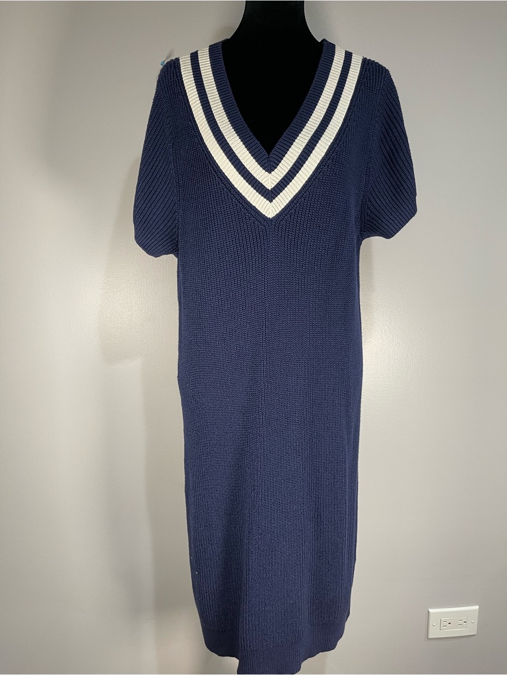 Lauren Ralph Lauren Navy V-Neck Knit Midi Dress with lvory Trim Sz. XXL